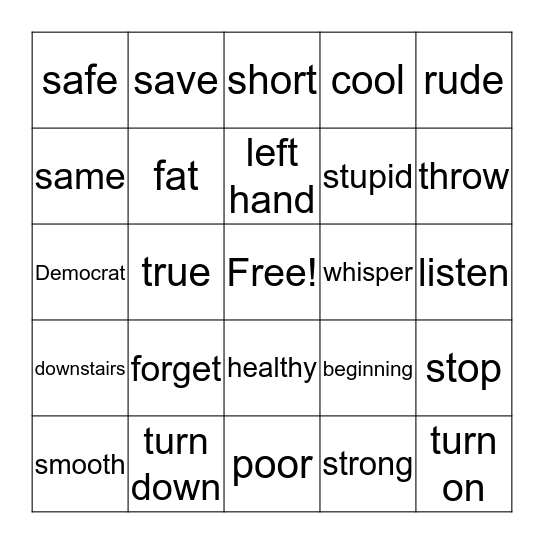 Opposites Bingo #3 Bingo Card
