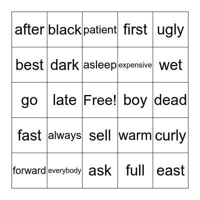 Opposites Bingo #1 Bingo Card