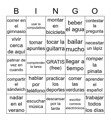 Verb Phrases Bingo Card