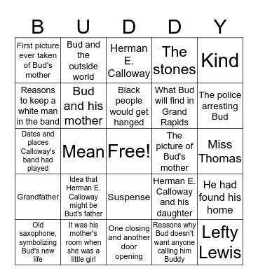 Bud, Not Buddy Bingo Card