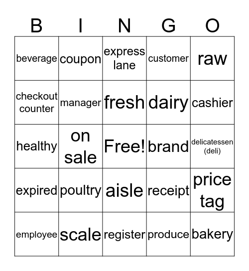 Grocery Store Vocabulary Bingo Card