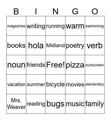 Reading Bingo Card