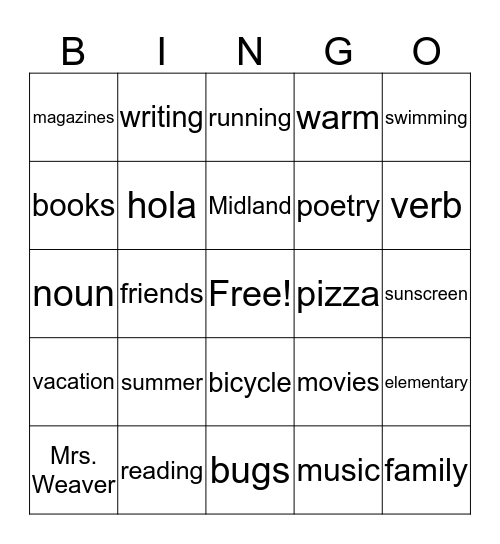 Reading Bingo Card