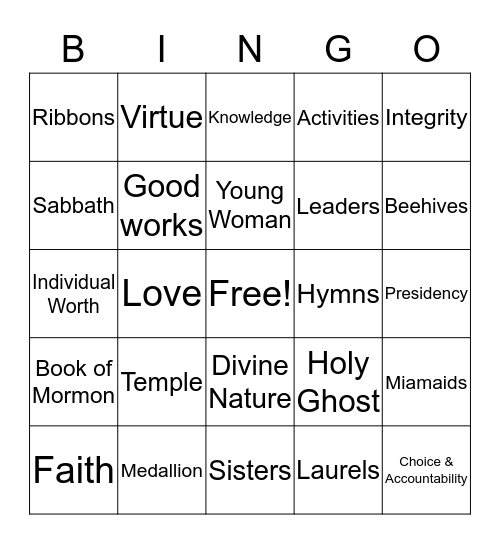 Young Women Bingo! Bingo Card