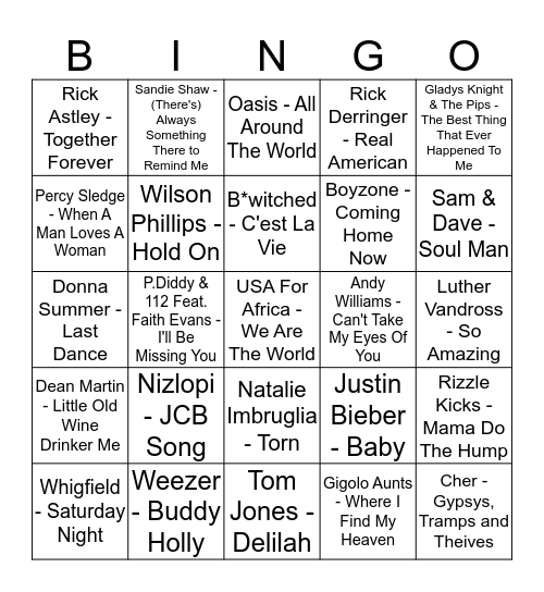 MICK AND DUSTY'S        MUSIC BINGO Card