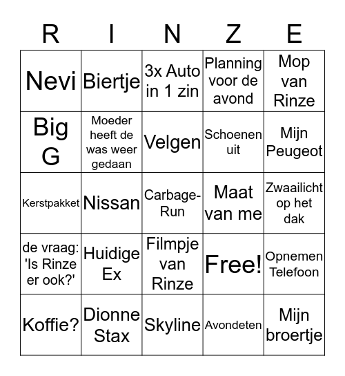 Rinze Bingo Card