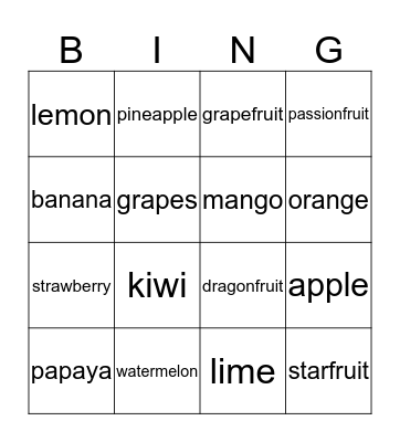 fruits  Bingo Card