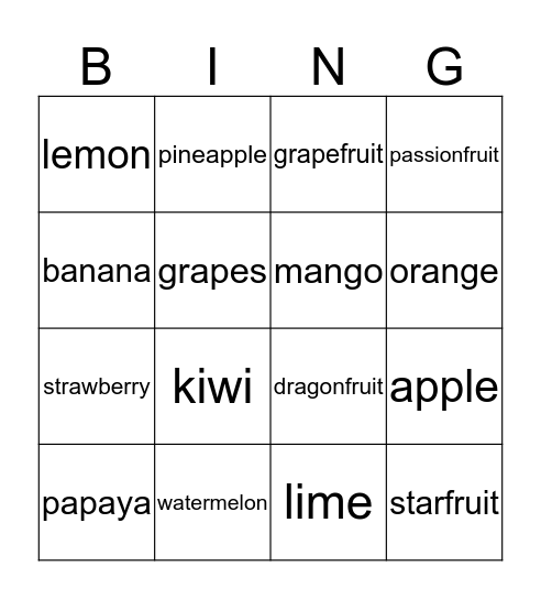 fruits  Bingo Card