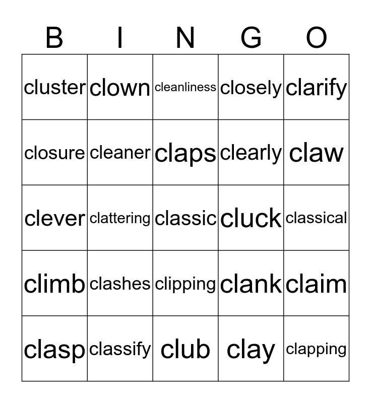 cl - consonant blends Bingo Card