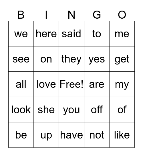 Kinder Word BINGO Card