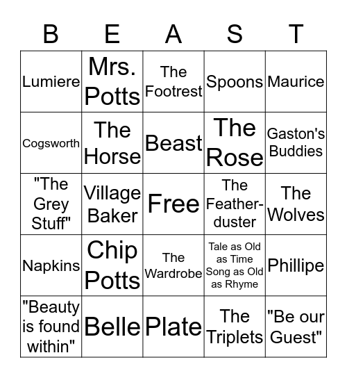 Beauty and the Beast Bingo Card