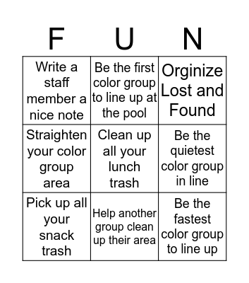 Summer Experiance Bingo Card