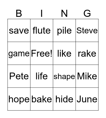 v-e WORDS Bingo Card