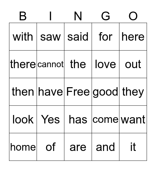 Sight Word Bingo Card