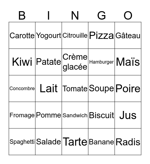 Bingo de la nourriture Bingo Card