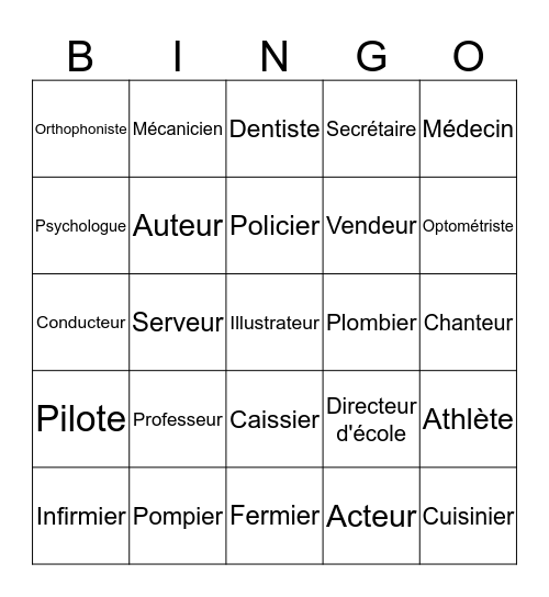 Bingo des métiers Bingo Card