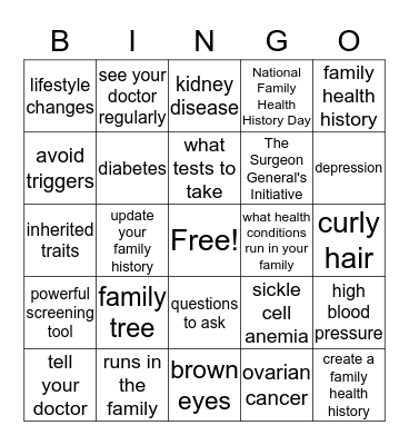 Your Family Health Story Bingo Card