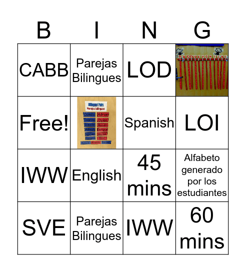 Dual Language Components Bingo Card