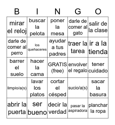 Chores and Other Vocabulary Bingo Card