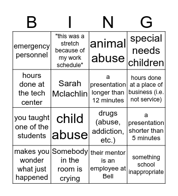 Senior Project Bingo Card