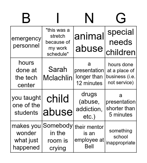 Senior Project Bingo Card