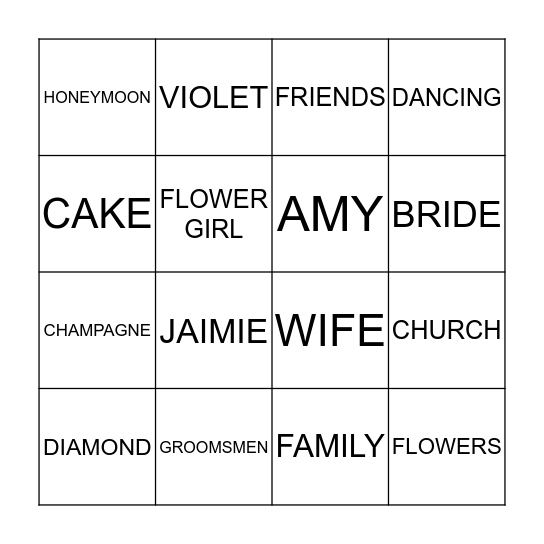 Jaimie's Bridal Shower Bingo Card