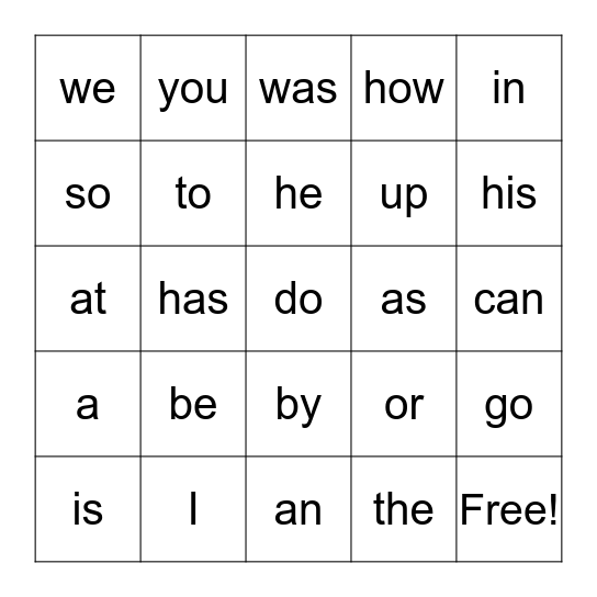 Sight Words - Set One Bingo Card