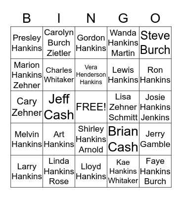 Hankins Family Bingo Card