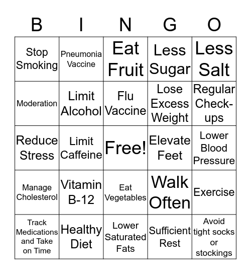 Heart to Heart Hospice:  Positive Steps for Individuals with Congestive Heart Failure (CHF) Bingo Card