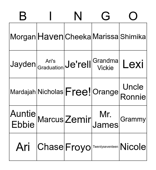 Ari's Graduation 2017 Bingo Card