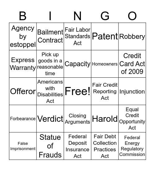Business Law  Bingo Card