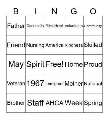 National Nursing Home Week Bingo Card