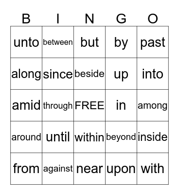 Where is your preposition? Bingo Card