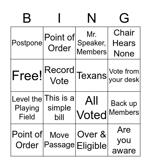 Legislative Bingo Card