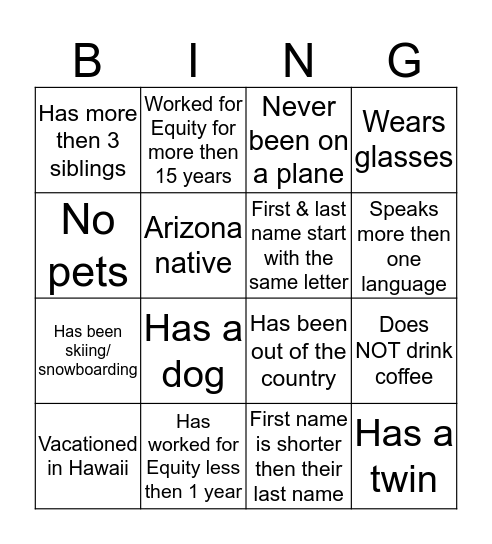 Human Bingo/ Each person can only be in ONE box Bingo Card