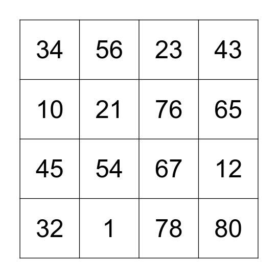 NUMBERS Bingo Card