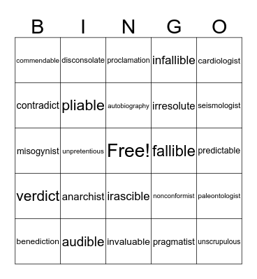 Vocabulary Bingo Card