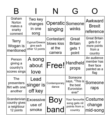 Eurovision Bingo Card