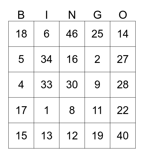 Lucky Numbers Bingo Card