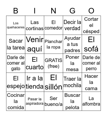 Chores and Other Vocabulary Bingo Card