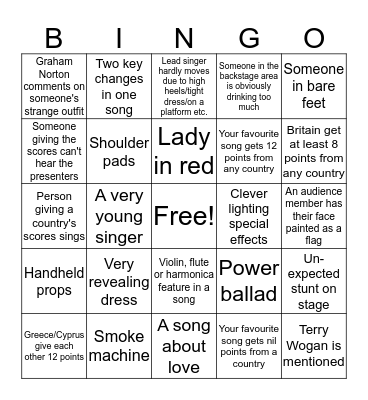 Eurovision Bingo Card