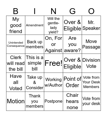 Legislative Bingo Card