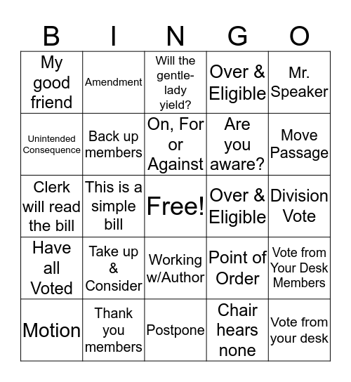 Legislative Bingo Card