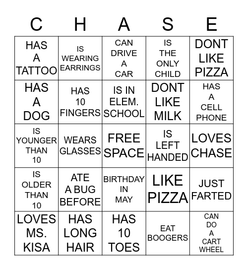 CHASE BINGO Card