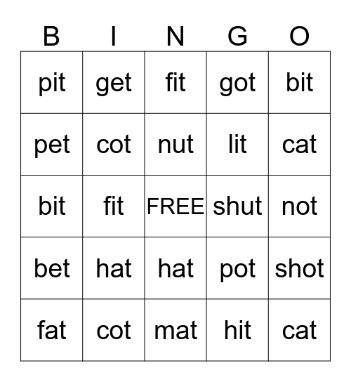 -at, -et, -it, -ot, -ut Bingo Card