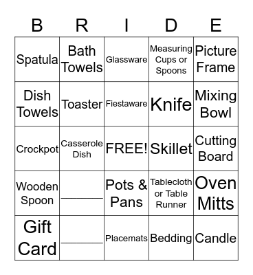 Bridal Bingo Card