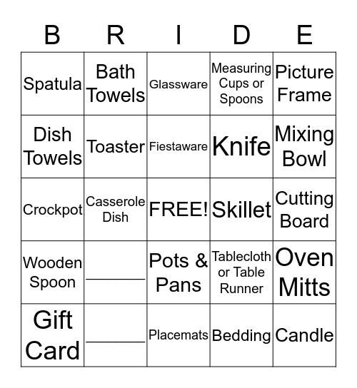 Bridal Bingo Card