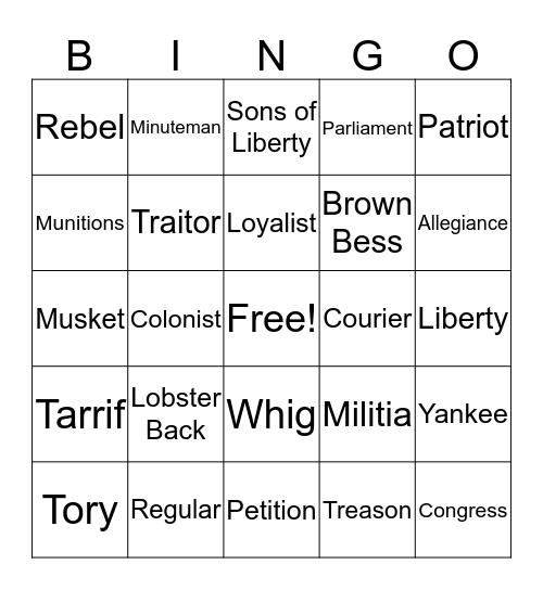 American Revolution Bingo Card