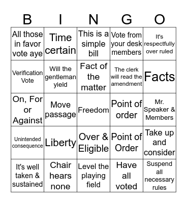 Legislative Bingo Card
