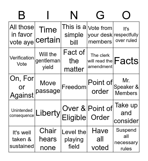 Legislative Bingo Card